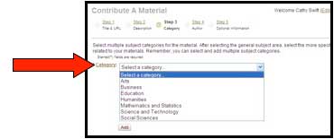 Screenshot of MERLOT "contribute a material" page with arrow indicating the select a category option